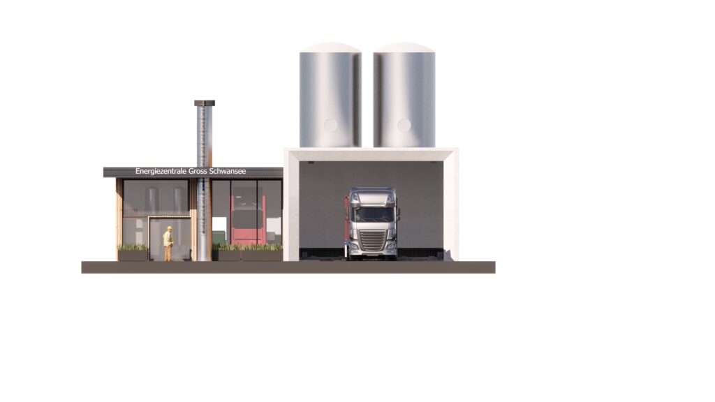 Das Bild zeigt den Entwurf für die zentrale Heizzentrale mit einer Lagerhalle für Holzhackschnitzel sowie zwei Räumen für Biomassekessel sowie Speichern für die gewonnene Solarenergie.