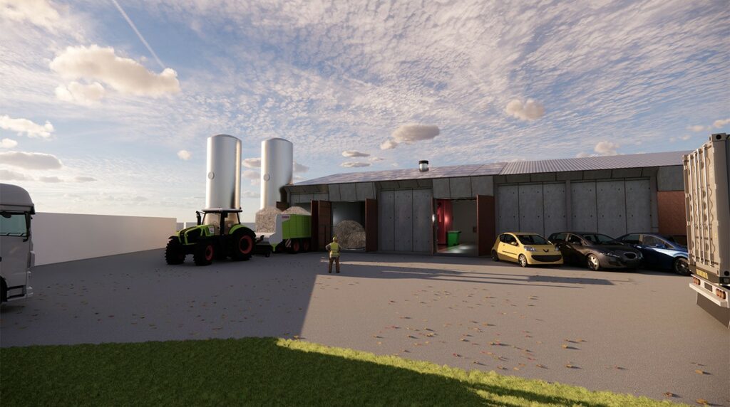 Auf dem computergenerierten Bild ist die Front der für Kalkhorst entworfenen Heizzentrale sichtbar. Ein Traktor mit Anhänger fährt aus dem ersten von drei Toren der Zentrale und hat grade Holzhackschnitzel abgeladen. Hinter dem zweiten Tor liegen ebenfalls eingelagerte Holzhackschnitzel. Im Raum hinter dem dritten Tor befinden sich die Biomassekessel für die Holzhackschnitzel.