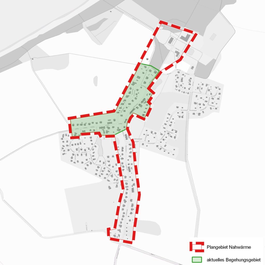 Das Bild zeigt die Begehungszone in Groß Schwansee welche den Buchenweg, Strandweg, Seeweg und nördlichen Teil der Lindenstraße einschließt.